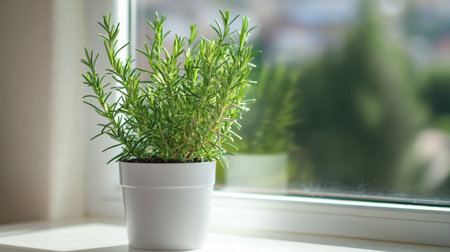 A vibrant rosemary plant in a sleek white pot sits by a sunny window, capturing natural light and adding a touch of greenery to the indoor space.の素材