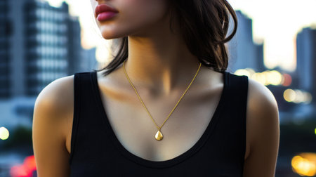 A stylish woman showcases a delicate golden teardrop pendant necklace while posing against an illuminated city skyline at sunset, exuding elegance.の素材