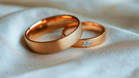Two elegant golden wedding rings, one adorned with a sparkling diamond, placed artfully on a luxurious silk fabric, symbolizing love and commitment.の素材