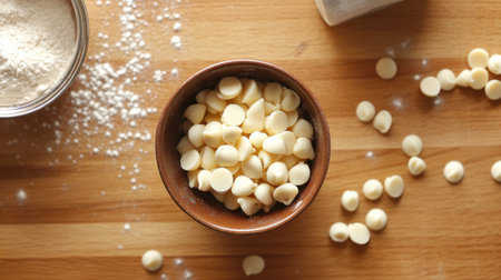 This image showcases a clay bowl filled with white chocolate chips, surrounded by flour and other baking ingredients on a wooden table, creating a rustic cooking scene.の素材