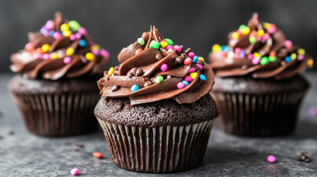 Mouthwatering chocolate cupcakes with creamy frosting and vibrant sprinkles make the perfect treat for any celebration or snack time. Enjoy the rich flavor and delightful presentation.の素材