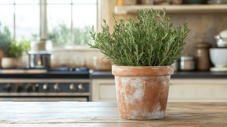 A beautifully arranged rosemary plant in a rustic terracotta pot sits on a wooden table, adding charm and freshness to a cozy kitchen setting.の素材