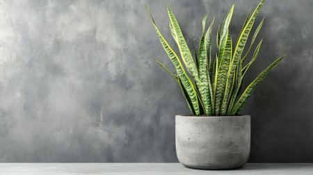 A striking green snake plant potted in a sleek concrete planter adds a touch of elegance and vitality to any indoor setting, enhancing decor with natural beauty.の素材