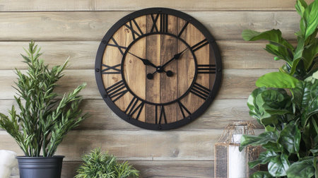 This rustic wall clock features a charming wooden design with black metal accents, perfect for adding character to any modern interior space. The clock, surrounded by vibrant green plants, enhances the aesthetic appeal, bringing warmth and tranquility to your home.の素材
