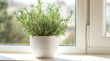 A vibrant green rosemary plant in a stylish white pot sits on a sunny window sill, adding a touch of nature and freshness to interior spaces.の素材