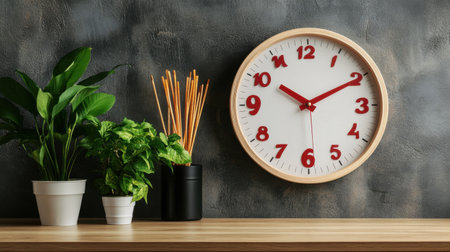 This image features a stylish wall clock paired with green plants, creating a serene ambiance for modern home decor and relaxation in your space.の素材