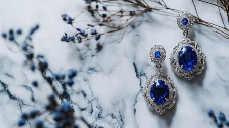 This stunning image showcases elegant sapphire earrings with intricate silver detailing, set against a chic marble surface and delicate blue floral accents.の素材