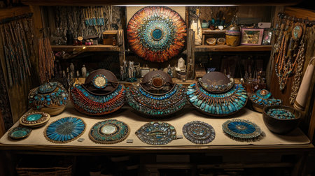 A stunning array of handcrafted turquoise jewelry and artifacts showcased in an artisan shop. The vibrant colors and intricate designs reflect local craftsmanship and culture.の素材