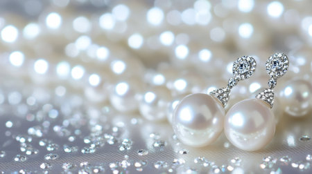 Close view of exquisite pearl earrings adorned with sparkling jewels, delicately placed on a soft satin surface, creating an elegant and luxurious feel.の素材