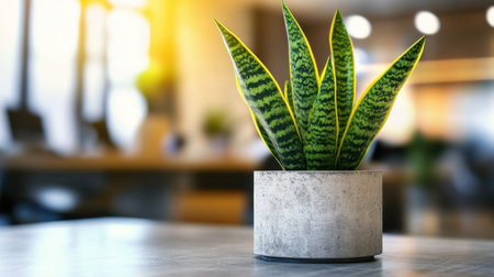 This image features a decorative indoor plant with striking striped green leaves in a modern pot, placed on a table in a bright office space.の素材