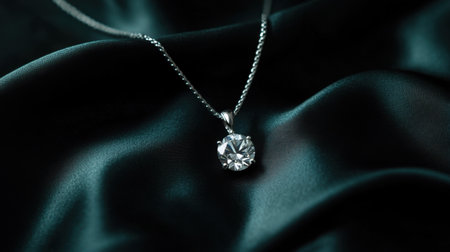 A stunning diamond pendant necklace gracefully rests on lush dark green satin fabric, showcasing its brilliance and elegance. Ideal for luxury jewelry collections.の素材