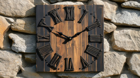 This rustic wall clock showcases elegant Roman numerals against a textured stone background, perfect for vintage home decor and enhancing any living space.の素材