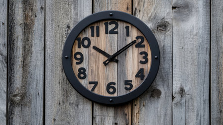 A striking wall clock combines rustic wooden elements with bold black numbers, perfect for enhancing the aesthetic of a modern or farmhouse interior.の素材