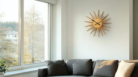 This image features a stylish sunburst wall clock above a cozy couch in a modern living room. The large window offers a view of tranquil nature, enhancing the serene ambiance.の素材