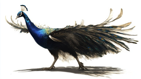 This captivating image features a peacock showcasing its stunning plumage in vibrant blue and green colors, highlighting nature's beauty and elegance.の素材