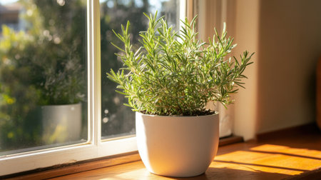 A beautiful indoor herb plant in a white pot is showcased on a sunlit windowsill, ideal for enhancing home decor and creating a natural atmosphere.の素材