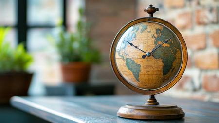 A vintage style globe sits elegantly on a wooden table, surrounded by a brick wall and plants, capturing the essence of travel, adventure, and exploration.の素材