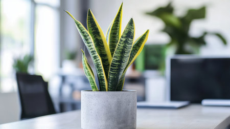 A striking snake plant displayed in a stylish concrete pot, enhancing a modern office aesthetic with its vibrant green leaves and bright yellow edges.の素材