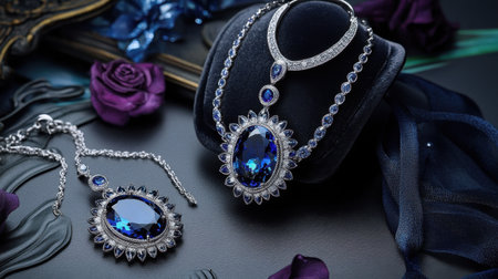 This stunning jewelry set features exquisite blue gemstones set in silver, beautifully displayed with roses for an opulent look, ideal for special occasions.の素材