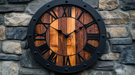 This image features a beautifully crafted rustic wooden clock with Roman numerals, set against a textured stone wall. The warm tones and classic design create a cozy atmosphere, perfect for enhancing interior spaces.の素材