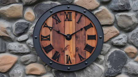This image features a rustic wall clock with Roman numerals set against a beautifully textured stone background, offering a perfect blend of style and function.の素材
