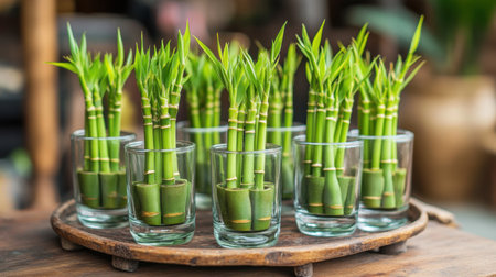 A visually stunning arrangement of vibrant green bamboo stalks in clear glass containers on a rustic wooden tray. This image captures the essence of nature's beauty, perfect for enhancing indoor spaces with a fresh and serene vibe.の素材