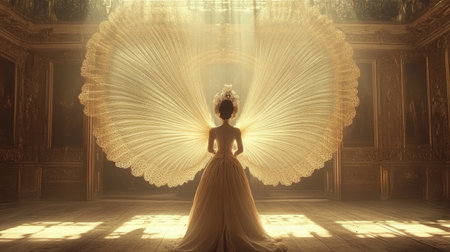 A mesmerizing silhouette of a woman in a stunning dress stands in a lavish historical room, bathed in soft light, holding an intricately designed fan.の素材