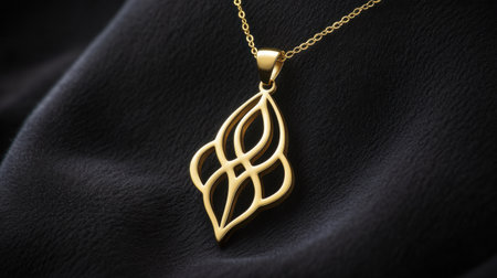 This image captures an elegant gold pendant featuring an intricate design, beautifully showcased against a rich black fabric background, highlighting its luxurious appeal.の素材