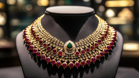 Stunning gold necklace featuring intricate designs with ruby and emerald stones. A perfect display of craftsmanship, elegance, and luxury for any occasion.の素材