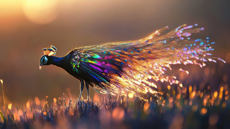 A stunning peacock showcases its iridescent feathers against a soft golden light at sunrise, evoking a serene and tranquil atmosphere in nature.の素材