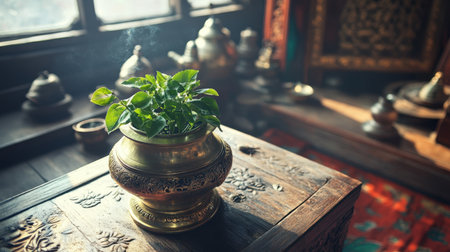A lush green plant thrives in a decorative pot, placed on a rustic wooden table. Soft sunlight floods the vintage interior, enhancing the warm ambiance.の素材
