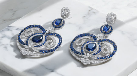 Stunning blue sapphire earrings are beautifully designed with intricate diamond accents, showcased on a marble surface, perfect for luxury jewelry collections.の素材