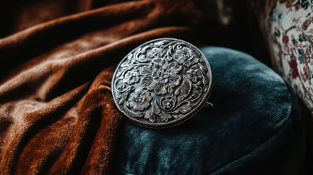 This elegant vintage silver compact features an intricate floral design, resting on a plush velvet cushion, surrounded by warm, draped fabric.の素材