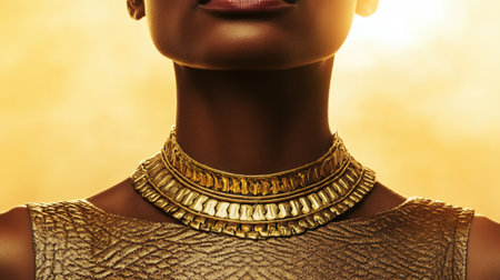 This stunning portrait showcases a woman adorned in intricate gold jewelry, set against a captivating golden backdrop. The warm tones enhance both her features and the elegance of her accessories, creating a visually striking piece that embodies beauty and sophistication.の素材