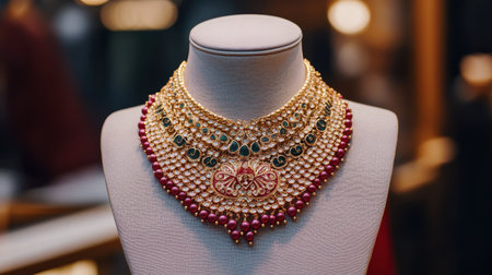 This exquisite traditional Indian necklace features intricate designs adorned with vibrant beads and gemstones, perfect for special occasions and celebrations.の素材