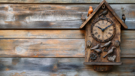 This captivating vintage cuckoo clock features detailed wooden carvings of birds, set against a rustic wooden backdrop, perfect for enhancing home decor.の素材