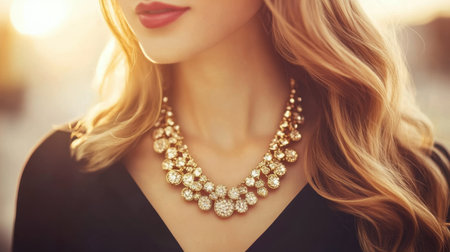 A stunning portrait of a woman showcasing an elegant gold necklace against a breathtaking sunset backdrop. Her long hair and glamorous makeup exude sophistication and beauty.の素材
