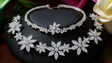 This exquisite floral jewelry set features a stunning necklace and earrings crafted in silver and adorned with sparkling diamonds, showcasing elegance and beauty.の素材