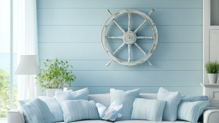 This image captures a cozy coastal living room featuring a steering wheel on the light blue wall. Soft cushions and greenery create a tranquil space perfect for relaxation.の素材