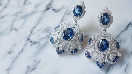 This image showcases elegant silver earrings adorned with captivating blue gemstones, perfectly set against a luxurious marble background. Ideal for fashion and jewelry enthusiasts.の素材
