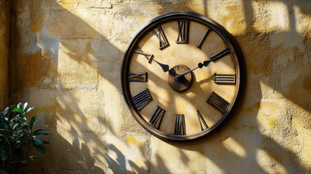 A stunning vintage wall clock showcases a rustic design mounted on a textured yellow wall, casting captivating shadows alongside a green plant.の素材