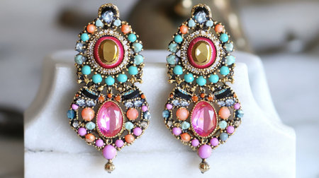 Stunning pair of bohemian earrings featuring vibrant gemstones set in an ornate design, perfect for adding a touch of elegance to any outfit.の素材