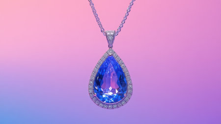 This stunning teardrop-shaped blue gem pendant hangs elegantly from a delicate silver chain, perfectly set against a vibrant pink and purple background.の素材