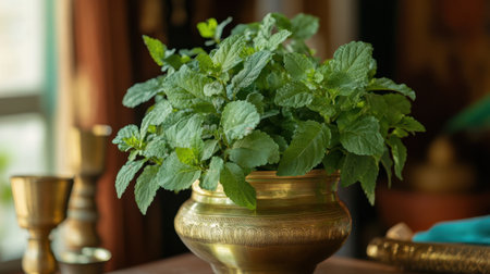 A vibrant arrangement of fresh mint leaves neatly displayed in a decorative pot, capturing the essence of nature and freshness in a cozy indoor setting.の素材