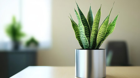 A stunning indoor plant in a sleek silver pot enhances a cozy office atmosphere. The natural light highlights its vibrant leaves, promoting tranquility.の素材