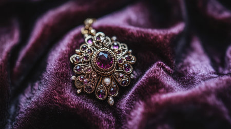 Discover an exquisite vintage jewelry pendant featuring dazzling purple gemstones set in intricate gold detailing, displayed elegantly on luxurious velvet.の素材