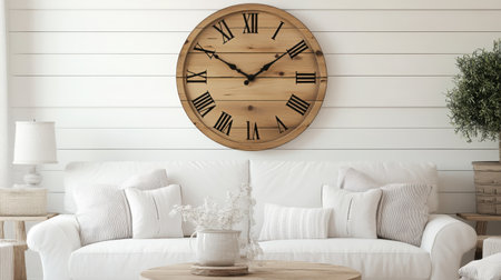 A welcoming living room scene showcasing a rustic wooden clock above a plush white sofa. The soft textures and neutral tones create a cozy and inviting atmosphere, perfect for relaxation and family gatherings in a modern home.の素材