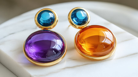Stunning earrings featuring vibrant purple, blue, and orange gems, elegantly crafted and displayed on a smooth marble surface. Perfect accessory for any outfit.の素材