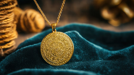 This stunning gold pendant necklace features an intricate floral design, resting elegantly on dark blue velvet, perfect for showcasing timeless beauty.の素材