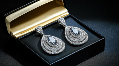 A stunning pair of teardrop earrings adorned with sparkling diamonds sits elegantly in a luxurious black box, perfect for showcasing fine jewelry.の素材